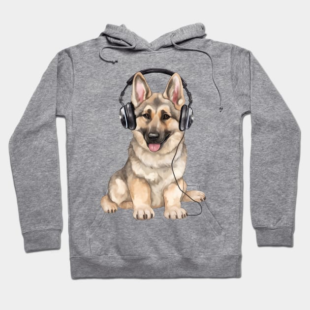 Watercolor German Shepherd Dog with Headphones Hoodie by Chromatic Fusion Studio